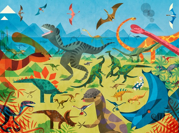Lots of different dinosaurs in colourful scene