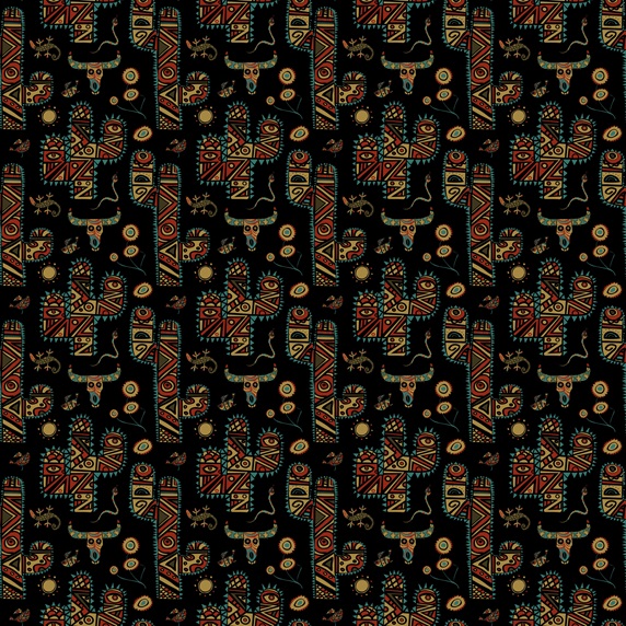 Pattern with cactuses and animal skulls on black background