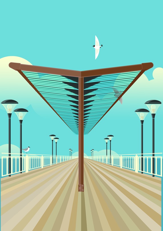 Birds flying above pier