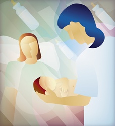 Midwife handing newborn baby to mother