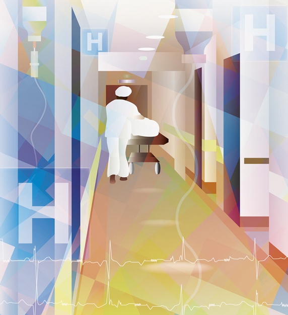 Nurse pushing hospital trolley bed up corridor