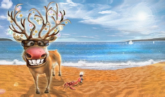 Happy reindeer and crab celebrating Christmas on sunny beach