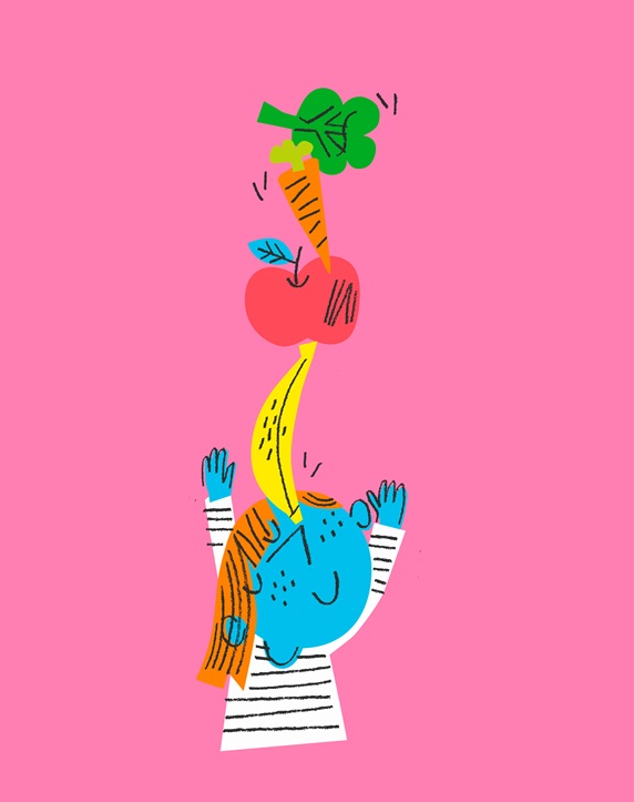 Happy child balancing fresh fruit and vegetables