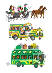 Tourists traveling in different vehicles