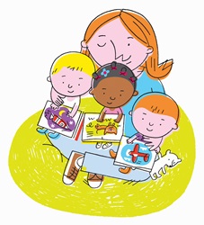 Nursery teacher with three toddlers sitting on lap reading
