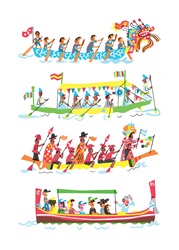 People traveling in different traditional boats