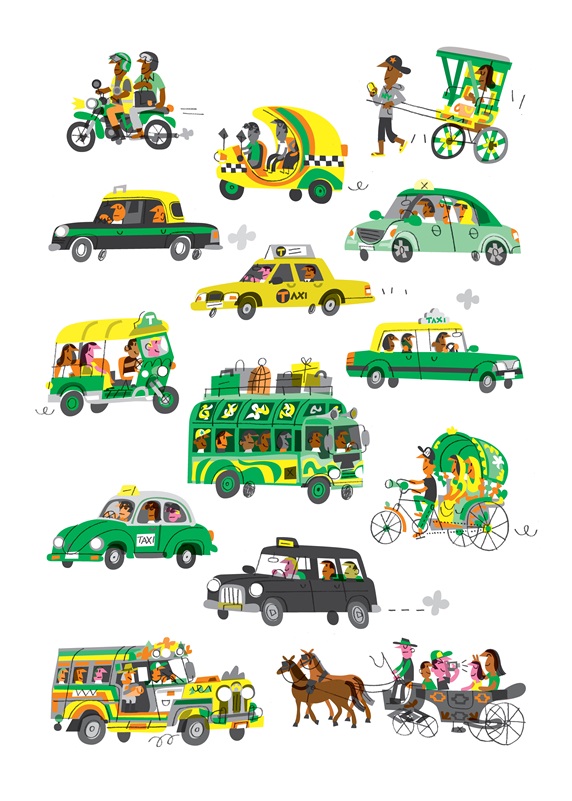 People traveling in different land vehicles