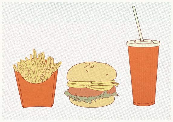 French fries, hamburger and fizzy drink
