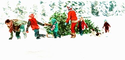 Family pulling Christmas tree through the snow