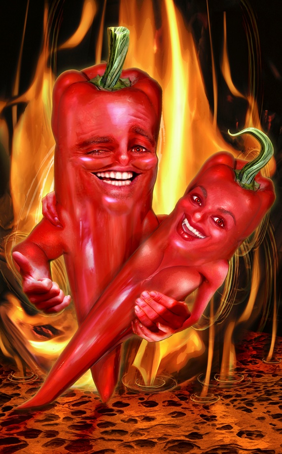 Two hot red chili peppers as happy couple