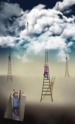 Men climbing ladders into the sky