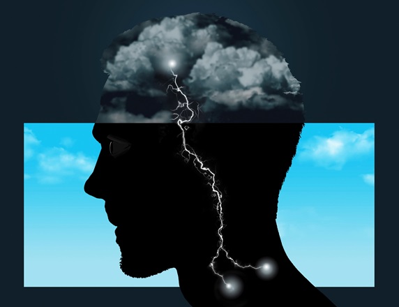 Thunder and lightning inside of man's profile