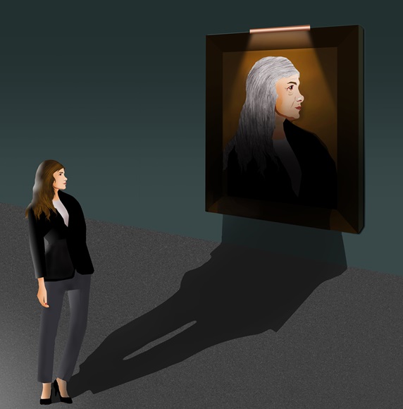 Woman looking at portrait of herself in old age