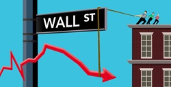 Business people struggling to raise falling graph over Wall Street sign