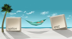 Man lying in hammock between option and escape computer keys on beach