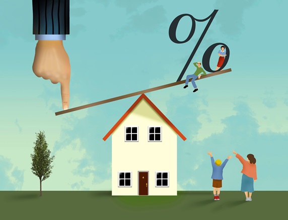 Mortgage banker's finger pushes down on one end of teeter totter sending other end with percentage symbol up higher