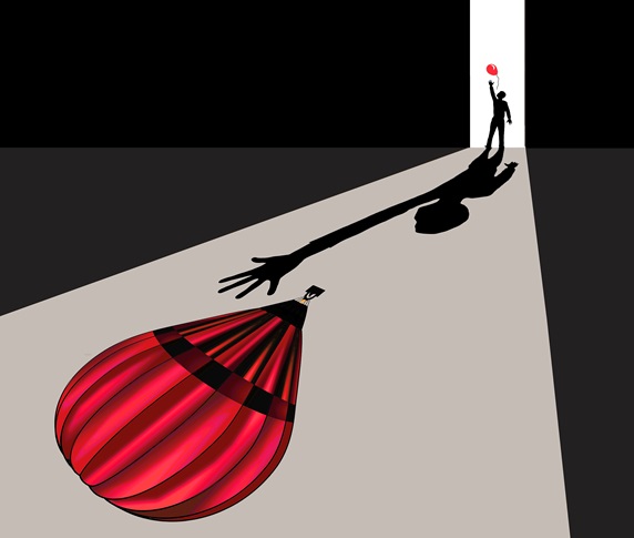 Silhouette and shadow of person reaching for red balloon