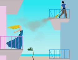 Man sweeping balcony while woman taking deep breath