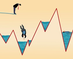 Businessmen diving and floating in dips in line graph