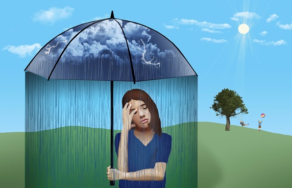 Depressed girl under cloud