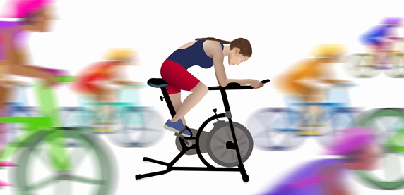 Woman training on exercise bike imagining racing