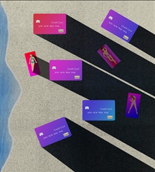 People lying on beach surrounded with big credit cards