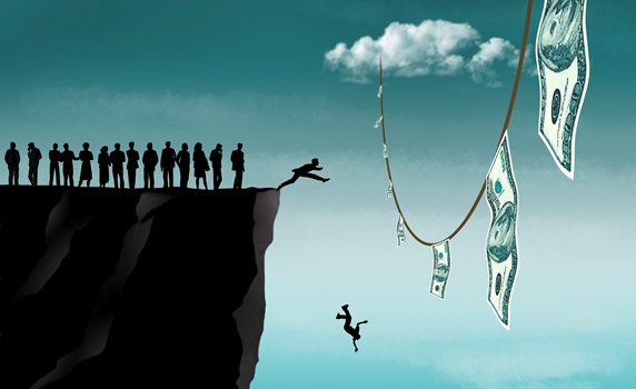 People leaping off cliff trying reach dangling dollar notes