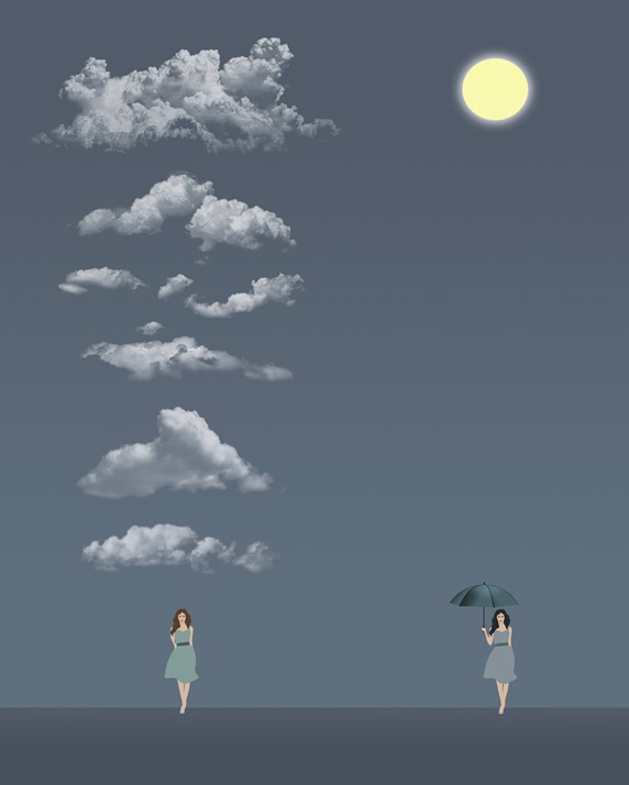 Two women against sky with clouds and sun
