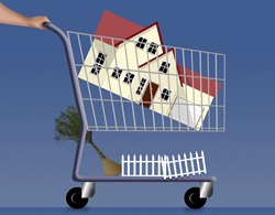 Man pushing new home in shopping trolley
