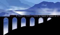 Steam train crossing railway viaduct in mountainous landscape