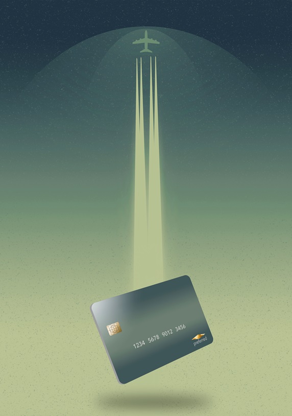 Credit card and flying airplane