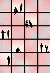 Scenes of relationships silhouetted in window panes