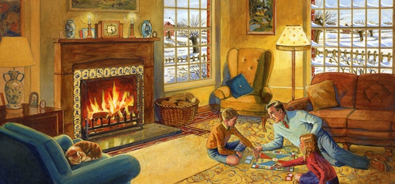 Father playing board game with children on floor in front of fire in cozy lounge