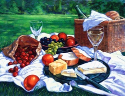 Wine, bread, cheese, and fruit ready on picnic blanket