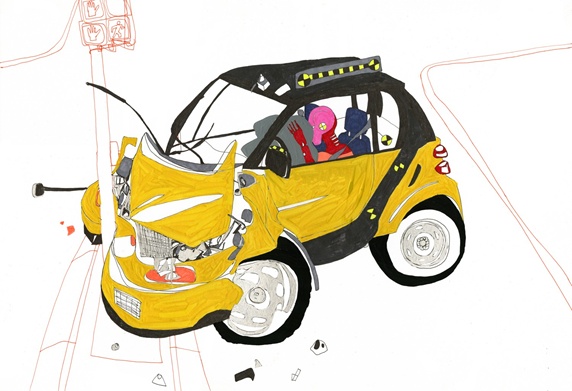 Yellow car crashing during test drive