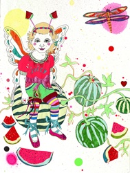 Girl with costume wings sitting on watermelon