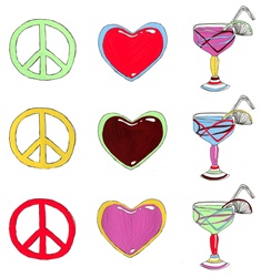 Peace symbols with hearts and cocktails