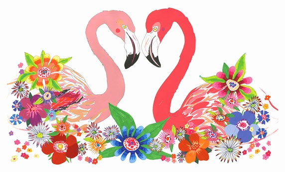 Two flamingos looking at each other surrounded by flowers