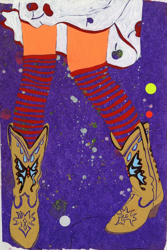 Girl's legs wearing funky cowboy boots and stripy socks