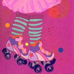Low section of girl roller skating wearing pink tutu