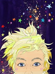 Glitter and stars surrounding boy's head