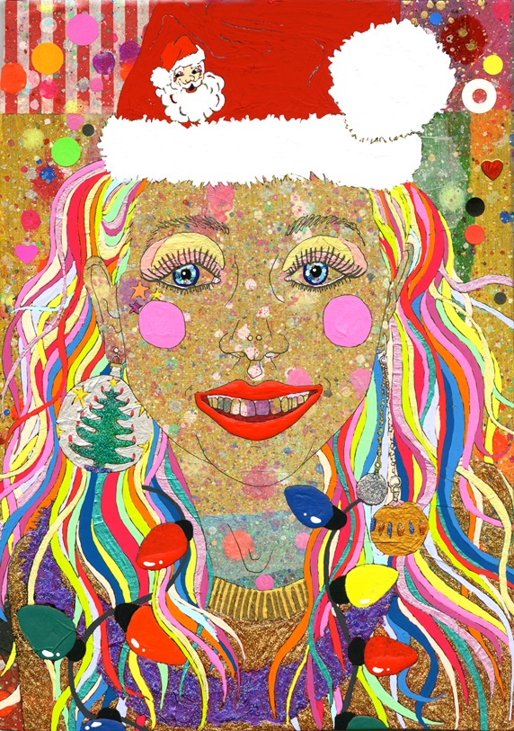Woman with colorful hair wearing santa hat