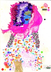 Woman wearing colorful fur scarf