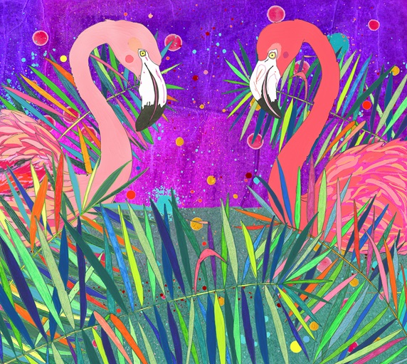 Two flamingos looking at each other in brightly coloured leaves