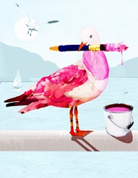 Seagull covered with pink paint holding paintbrush