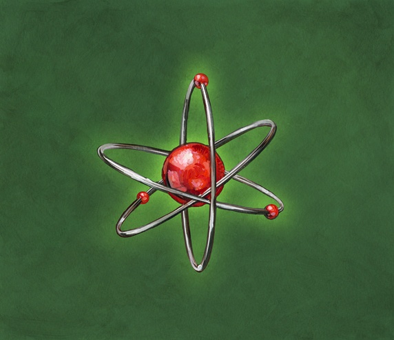 Atom symbol with orbiting electrons