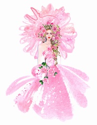 Fashion model in pink evening gown with huge frilly headdress