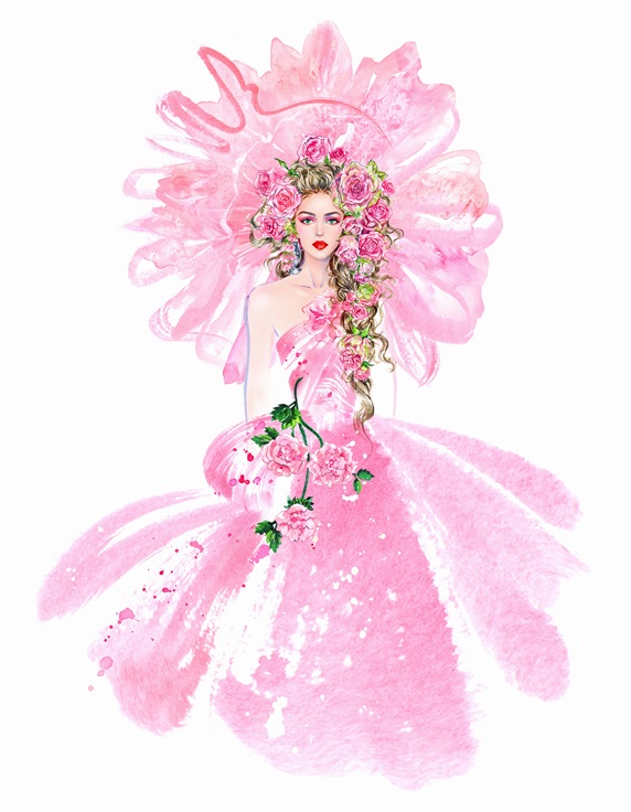 Fashion model in pink evening gown with huge frilly headdress