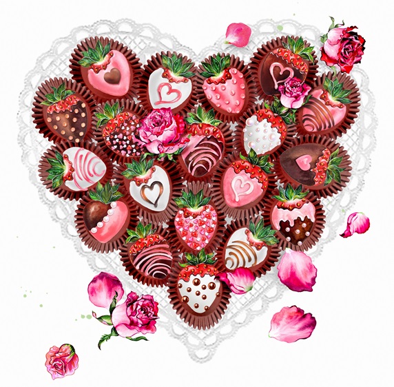 Decorated chocolate coated strawberries in heart shape