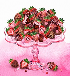 Heap of chocolate coated strawberries decorated with hearts on glass cakestand